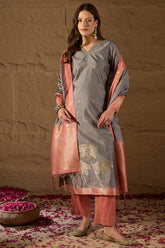 Grey Chanderi Solid Woven Design Straight Kurta Trouser With Dupatta SKSKD3048
