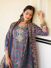 Women Blue Rayon Blend Ethnic Motifs Printed Straight Kurta Trouser With Dupatta-SKSKD3049