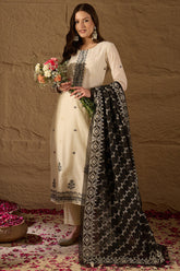 Off White Chanderi Woven Design Jacquard Straight Kurta Trouser with Dupatta SKSKD3067