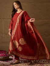 Women Red Chanderi Solid Woven Design Straight Kurta Trousers With Dupatta-SKSKD3070