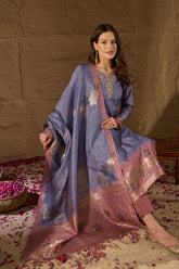 Purple Chanderi Solid Woven Design Straight Kurta Trouser With Dupatta SKSKD3074