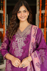 Purple Poly Chanderi Floral Embroidered Straight Kurta Trousers With Dupatta SKSKD3130