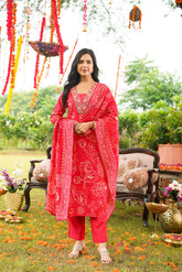 Red Poly Chanderi Floral Printed Straight Kurta Trousers With Dupatta SKSKD3132