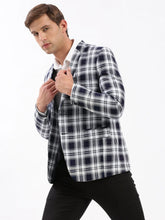 Men Notched Lapel Checked Navy Blue Blazer-SOBLZ-006-Navyblue