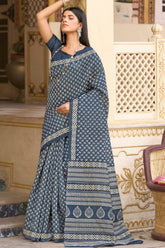 Stylum Women's Navy Blue Ethnic Motifs Printed Bhagalpuri Silk Saree (SRMANIYANAVY)