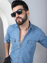 Faded Cotton Denim Casual Shirt-SF-924LIght-Blue