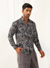 Grey Printed Spread Collar Cotton Curved Casual Shirt-SF-930Charcoal