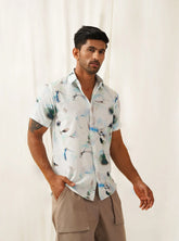 Classic Blue Floral Printed Spread Collar Cotton Curved Casual Shirt-SF-934Sky