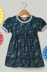 Pure Printed Cotton Puff Sleeve Summer Frock for Girls- Blue-BS24DR76BLB