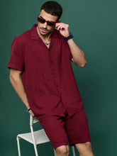 Men Maroon Cuban Collar Solid Co Ords Set-Shiloh-3296-Maroon
