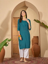 Stylum Women's Teal Solid Rayon Straight Kurta (TEALUDUPI)
