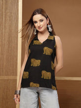 Stylum Women's Black Animal Printed Cotton Straight Top (TOPBLACKHATHI)