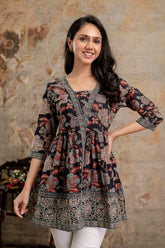 Stylum Women's Black Floral Printed Cotton Peplum Top (TOPBLACKNOVA)