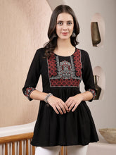 Women's Black Solid & Embroidered Rayon Peplum Top-TOPBLACKTIMMI