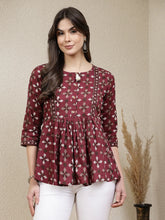Women's Dabu Printed Cotton Peplum Top-TOPMAROONDOVE