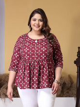 Plus Size Women Dabu Printed Cotton Peplum Top-TOPMAROONDOVEPLUS