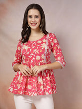 Women's Floral Printed Cotton Peplum Top-TOPPINKTIPTOP