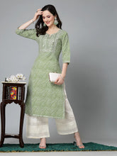 Women's Leheriya Printed & Embroidered Rayon Straight Kurta-TOYOTOGREEN