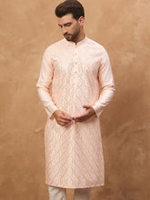 Ethnic Bay Men Peach Silk Blend Solid Embroidered Straight Kurta With Pant Set-MKSET1431