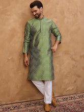 Ethnic Bay Men Green Silk Blend Geometric Printed Straight Kurta With Pant Set-MKSET1522