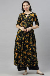Women Black Floral Printed Keyhole Neck Kurta
