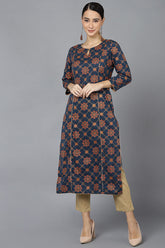 Women Navy Blue Cotton Ethnic Motifs Printed Kurtas