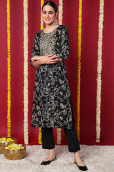 Navy Blue Silk Blend Floral Printed Straight Kurta VCK9698