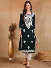 Women Green Viscose Rayon Solid Embroidered Chikankari Straight Kurta-VCK9770GRN