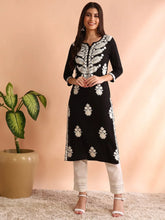 Women Black Rayon Solid Embroidered Straight Kurta-VCK9773BLK