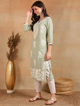Women Green Viscose Rayon Solid Embroidered Chikankari Straight Kurta-VCK9779GRN