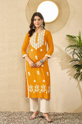 Women Yellow Viscose Rayon Solid Embroidered Straight Kurta-VCK9785