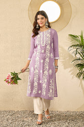 Lavender Viscose Rayon Solid Embroidered Chikankari Straight Kurta VCK9787