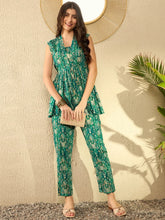 Women Teal Rayon Blend Ikat Printed Co-ord Sets-VCORD1037