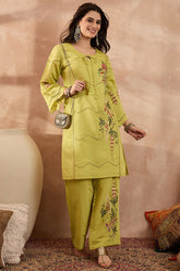 Green Silk Blend Embroidered Straight Coord Sets VCORD1140
