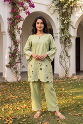 Green Embellished Silk Blend Round Neck Co-Ords VCORD1143