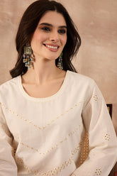 Off White Pure Cotton Embroidered Scalloped Coord Sets VCORD1164