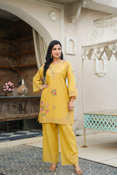 Yellow Pure Cotton Solid Embroidered Coord Sets VCORD1167