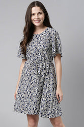 Women Off-White & Navy Blue Printed Fit & Flare Dress