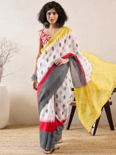 Women White Linen Ikat Printed Saree-VFSAR1001