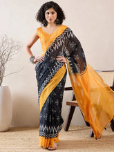 Women Black Linen Ikat Printed Saree-VFSAR1002