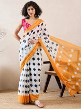 Women White Linen Ikat Printed Saree-VFSAR1003