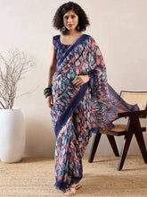 Women Blue Linen Abstract Printed Saree-VFSAR1004