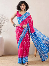 Women Pink Linen Ikat Printed Saree-VFSAR1006