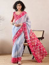 Women Blue Linen Ikat Printed Saree-VFSAR1007