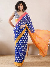Women Blue Linen Ikat Printed Saree-VFSAR1008