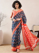 Women Black Linen Geometric Printed Saree-VFSAR1013