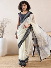 Women White Linen Ikat Printed Saree-VFSAR1015