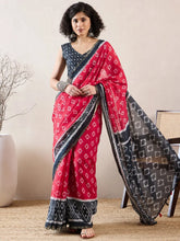 Women Red Linen Ikat Printed Saree-VFSAR1019