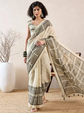 Women Off White Linen Geometric Printed Saree-VFSAR1021