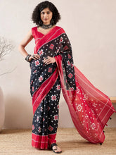 Women Black Linen Geometric Printed Saree-VFSAR1024